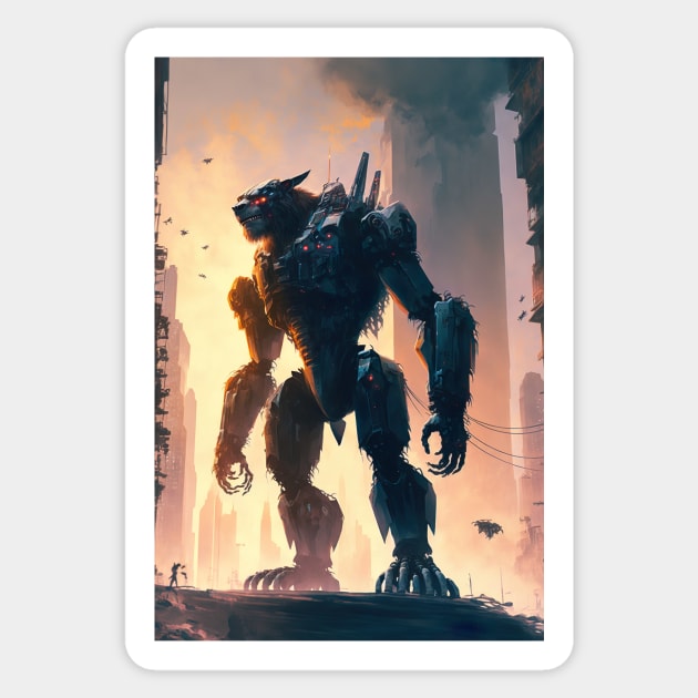 Giant futuristic robot cyborg monster attacking the city Sticker by KoolArtDistrict